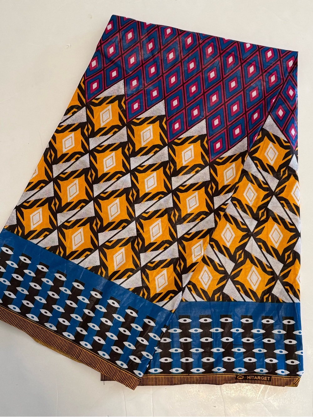 Bold Geometric Print Multicolor Cotton Fabric in Mustard & Blue
